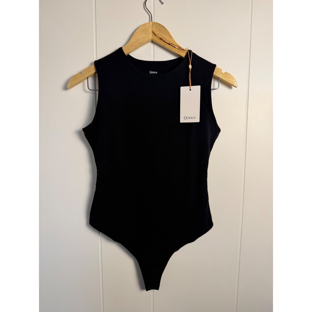 Quince Sleeveless Bodysuit S Black Organic Cotton Crew Neck Thong Basic